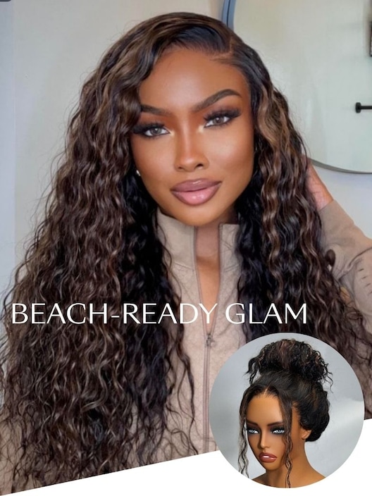 UNice Bye-Bye Knots 7x5 Lace Water Wave Black Wig With Golden Brown Highlights