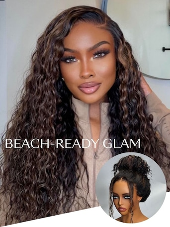 UNice Bye-Bye Knots 7x5 Lace Water Wave Black Wig With Golden Brown Highlights & Natural Black 150% Density Perfect Beach Look for Summer