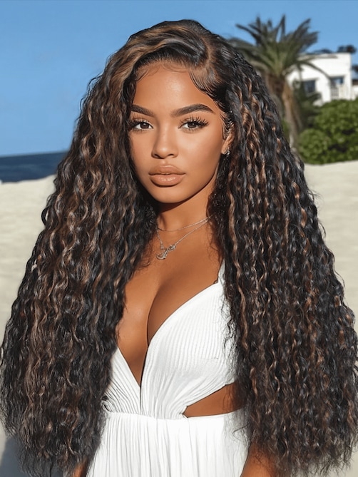 UNice Bye-Bye Knots 7x5 Lace Water Wave Black Wig With Golden Brown Highlights & Natural Black 150% Density Perfect Beach Look for Summer