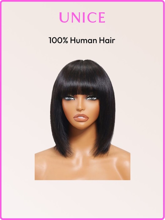 UNice Black Yaki Wig Human Hair Glueless Wig with Blunt Bangs