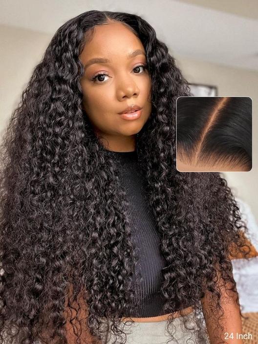 A model displays the UNice 7x5 Bye Bye Knots Glueless Lace Wig Quick Install Water Wave Invisible Knots Wig, showing a model with long curly hair and a black top.