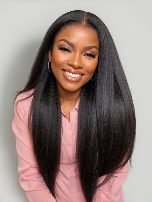 [24"=$110] Pre Plucked 4x0.75 Lace Kinky Straight Human Hair Wig Natural Wig 150% Density