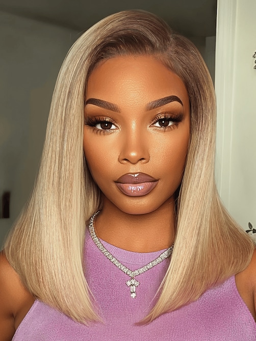 7x5 Bye-Bye Knots Lace Blonde with Brown Roots Side Part Blunt Bob Wig