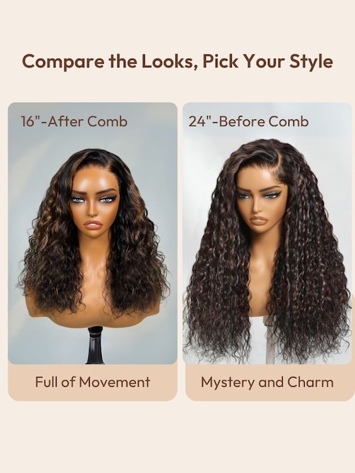 UNice Bye-Bye Knots 7x5 Lace Water Wave Black Wig With Golden Brown Highlights & Natural Black 150% Density Perfect Beach Look for Summer