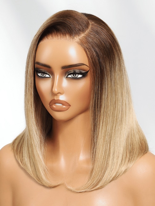 7x5 Bye-Bye Knots Lace Blonde with Brown Roots Side Part Blunt Bob Wig
