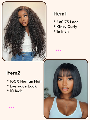 2 Wigs $99 for 16" Kinky Curly Lace and 10" Bob Wig