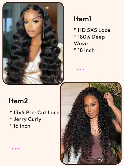 2 Wigs $199 for HD 5X5 Lace 180% Density Deep Wave 18" And 13x4 Lace Frontal Put On & Go 16" Curly Wigs