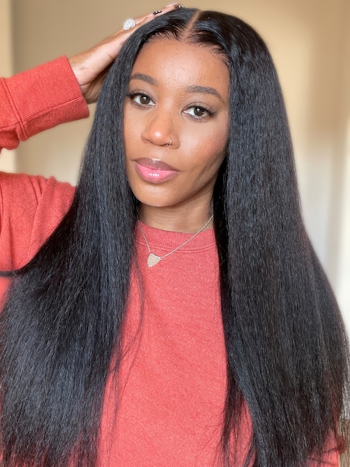 [24"=$110] Pre Plucked 4x0.75 Lace Kinky Straight Human Hair Wig Natural Wig 150% Density