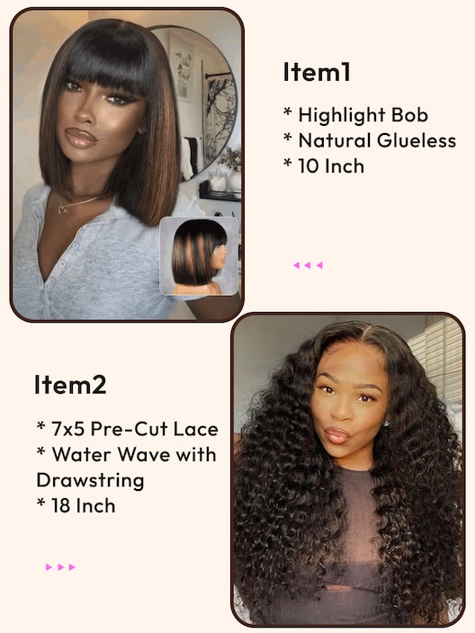 2 Wigs $195 for 7x5 Bye Bye Knots Water Wave 18" With Drawstring And Highlight Glueless Bob Wigs