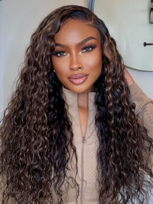 UNice Bye-Bye Knots 7x5 Lace Water Wave Black Wig With Golden Brown Highlights
