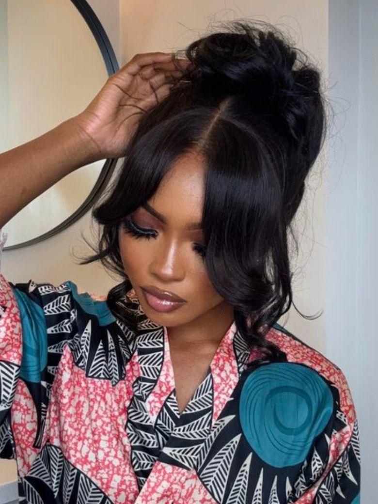 UNice HD Real Scalp™ Wig 13x4 Invisible Lace Frontal Body Wave Black Wig & Wig With Face Framing Curtain Bangs With Invisi Drawstring