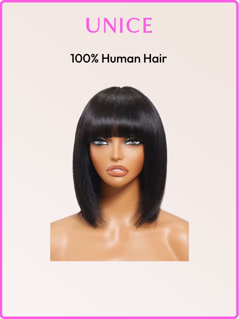 Exclusive 100% Human Straight Black Bob Wig  with Blunt Bangs