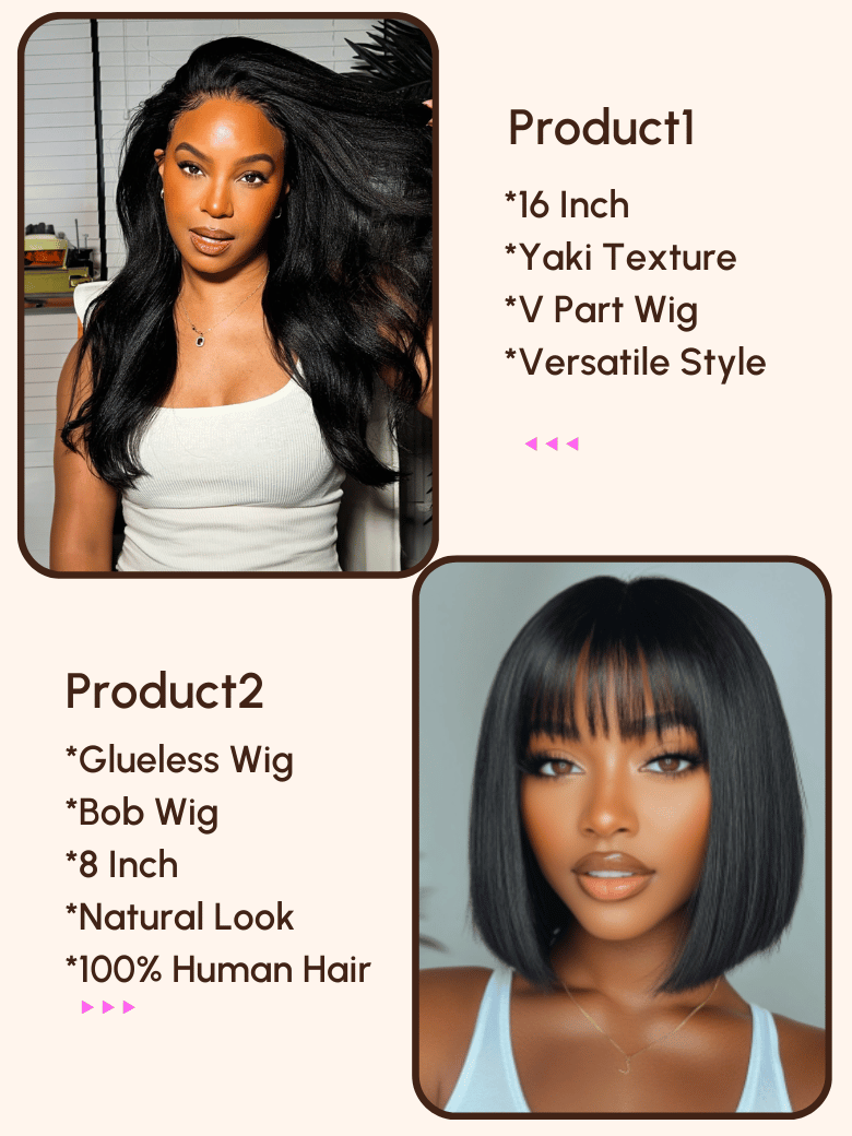 A model displays the UNice $129=2 wig 16" Yaki V Part Wig and 8" Bob Wig with Bang, showing a model with long black hair and a white tank top and yaki texture.