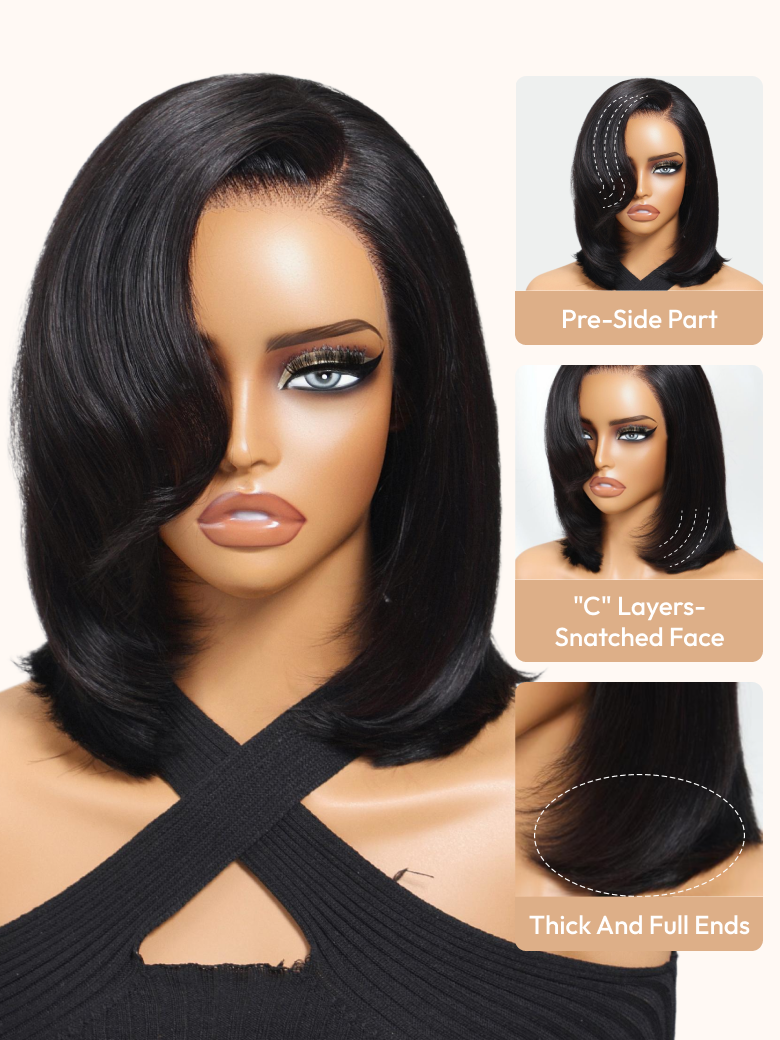Black short bob human hair wig with side-swept bangs; insets show the pre-side part, C layers, and full ends