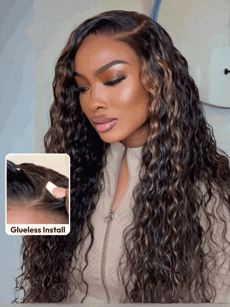 UNice Bye-Bye Knots 7x5 Lace Water Wave Black Wig With Golden Brown Highlights & Natural Black 150% Density Perfect Beach