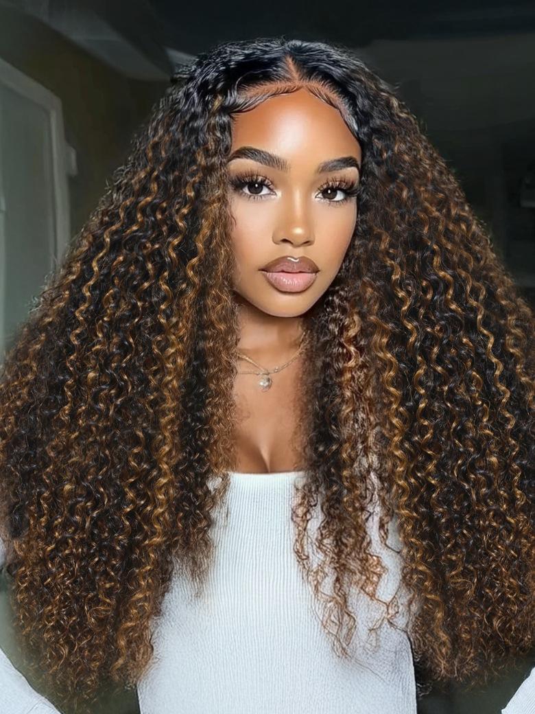 UNice EasiContour™ V Part Brown Highlights with Dark Roots Jerry Curly Drawstring Wig 180% Density Protect Your Natural Hair