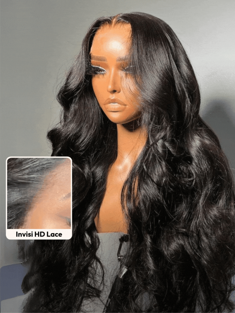 UNice HD Real Scalp™ Wig 13x4 Invisible Lace Frontal Body Wave Black Wig & Wig With Face Framing Curtain Bangs With Invisi Drawstring