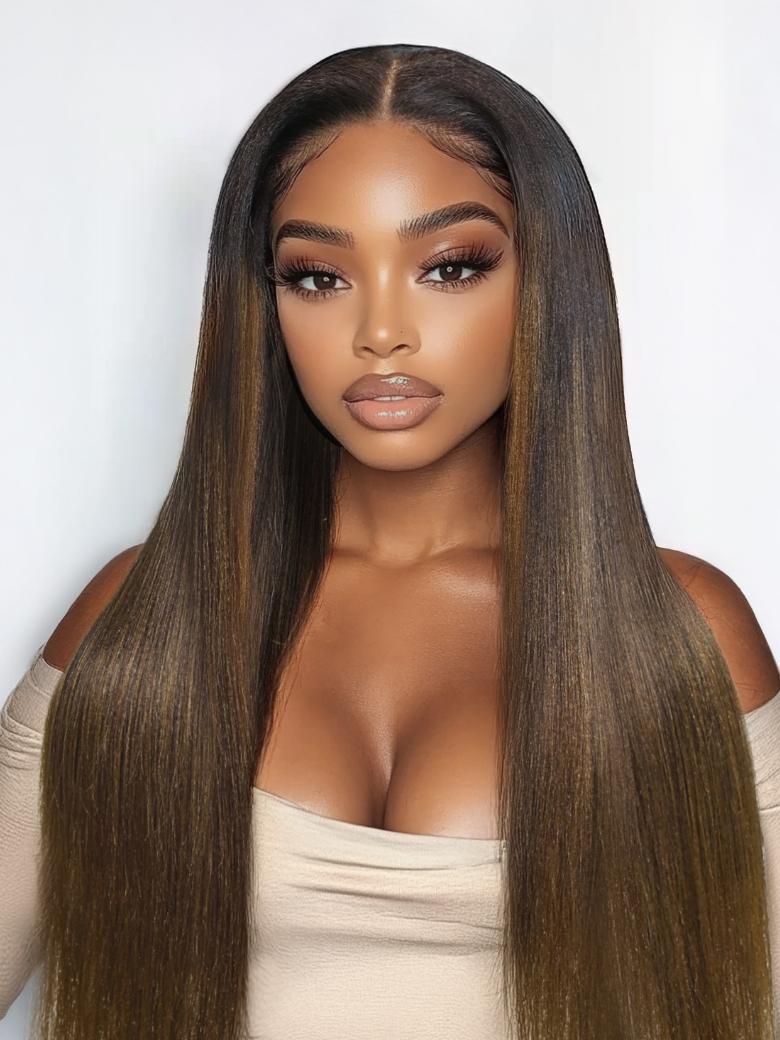 UNice Bye-Bye Knots 7x5 Lace Black to Chestnut Brown Ombre Yaki Straight Wig With Invisi Drawstring