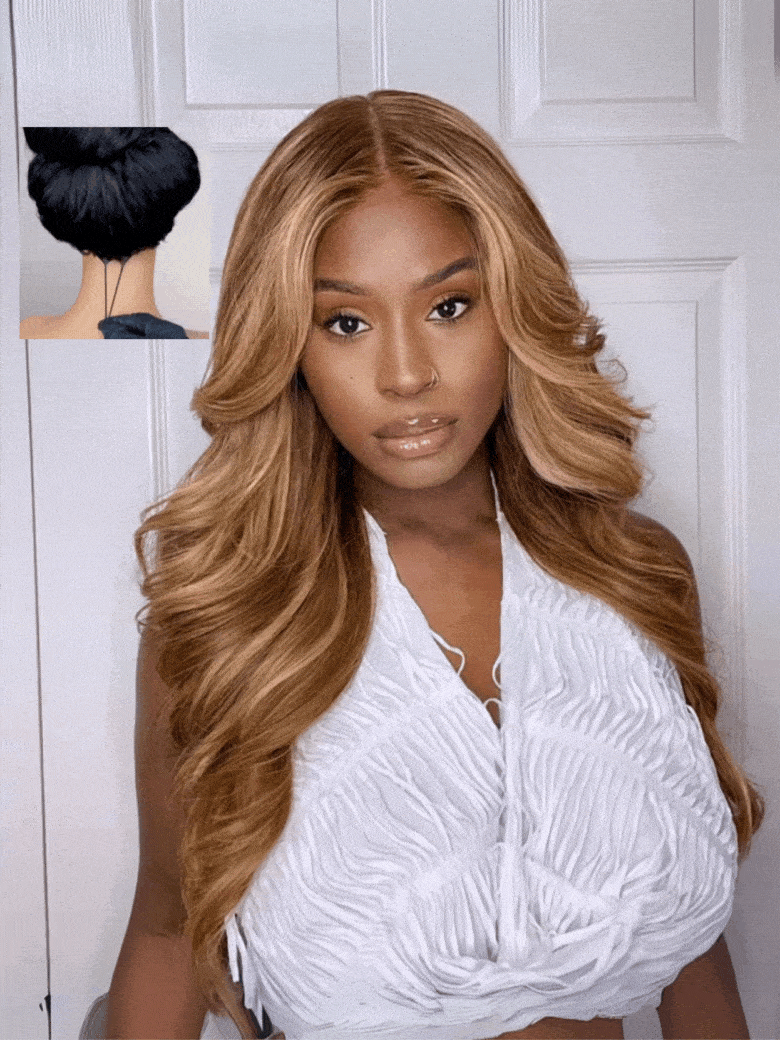 ByeBye Knots Wig 7x5 Pre-Cut Glueless Lace Honey Blonde Body Wave Wig With Bleached Clean Knots