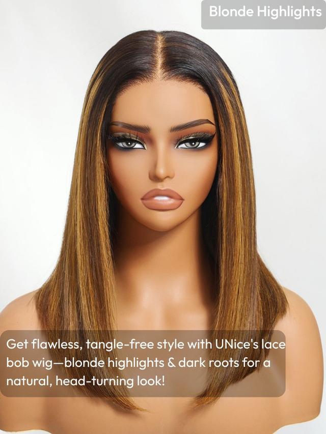 UNice Bye-Bye Knots 7x5 Lace Brown With Blonde Piano Highlights Blunt Bob Wig with Dark Roots