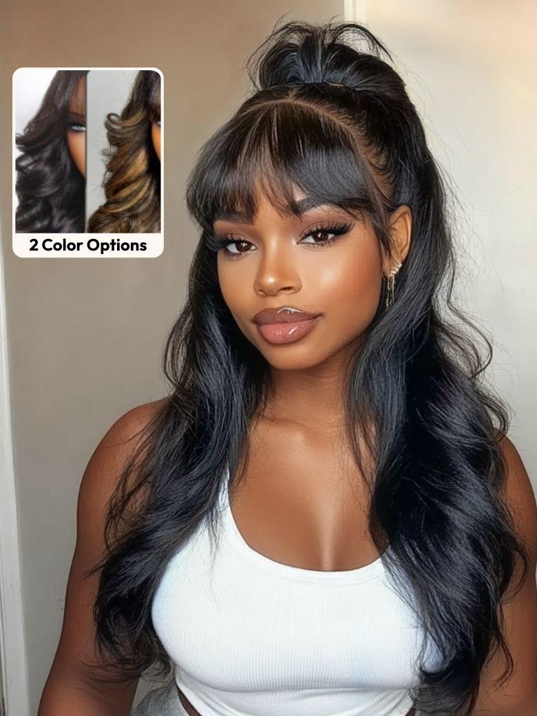 UNice 7x5 Bye-Bye Knots™ & 13x4 Pre-Everything™ Lace Frontal Pull And Go Black Fluffy Natural Loose Wave Curtain Bangs Wig with Invisi Drawstring