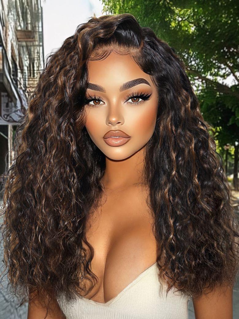 UNice Bye-Bye Knots 7x5 Lace Water Wave Black Wig With Golden Brown Highlights