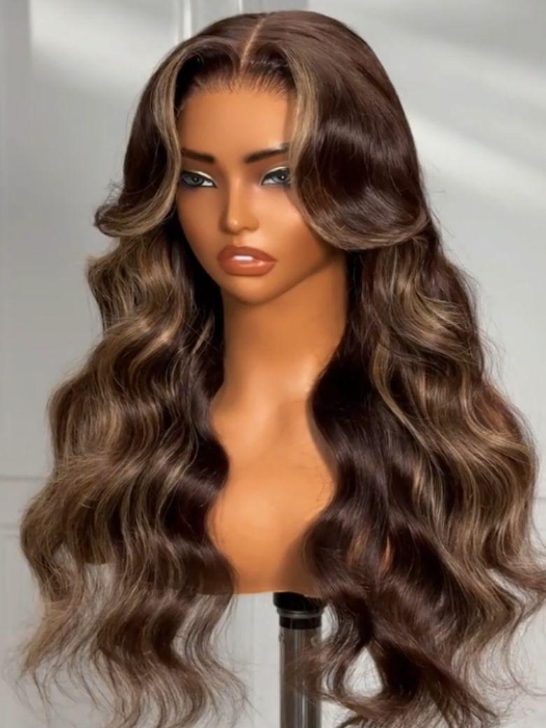 UNice Bye-Bye Knots 7x5 Lace Chocolate Brown Hair With Highlights Loose Wave Wig With Face Framing Layers 150% Density