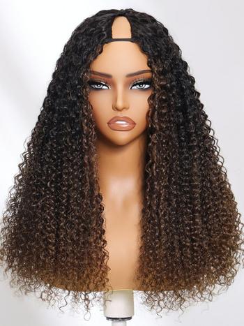 UNice EasiContour™ V Part Black to Chestnut Brown Jerry Curly Drawstring Wig 150% Destiny Protect Your Natural Hair