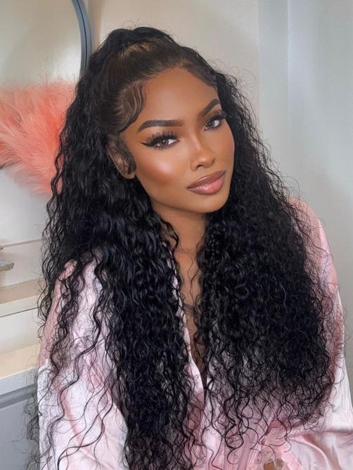 UNice 13x4 Pre-Everything™ Lace Frontal Natural Black Bouncy Water Wave Curly Drawstring Exclusive Design Wig Perfect For Summer Look