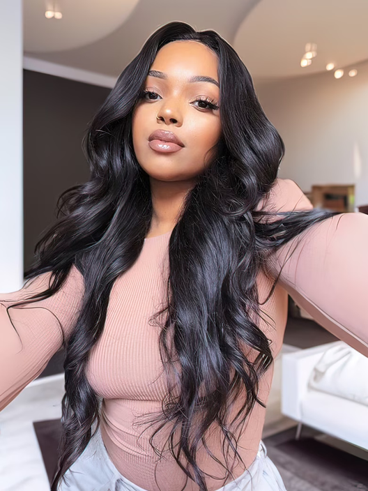 A model displays the UNice Glueless Body Wave Beginner Friendly Upgrade U Part Hair Wig? Natural Color wig, showing a model with long black hair wearing a pink top.