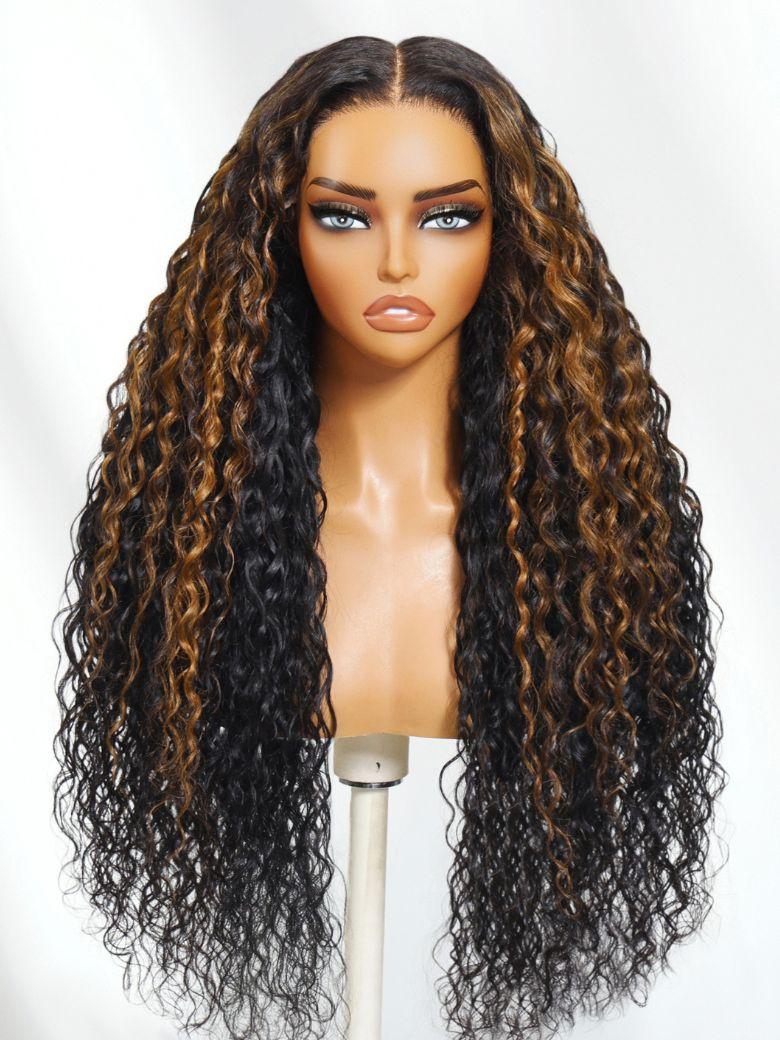 UNice Bye-Bye Knots 7x5 Lace Water Wave Black Wig With Golden Brown Highlights