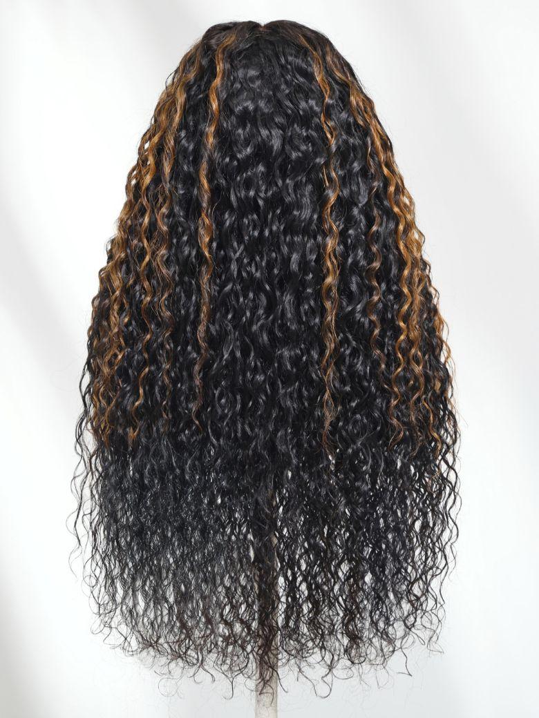 [Pay 22" Get 24"]Bye-Bye Knots™ 7x5 Lace Black with Caramel Piano Highlights Water Wave Wig With Invisi Drawstring 150% Density