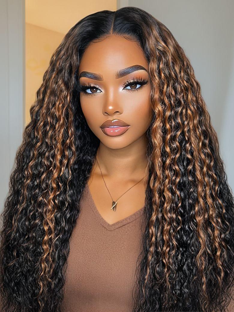 UNice Bye-Bye Knots 7x5 Lace Water Wave Black Wig With Golden Brown Highlights