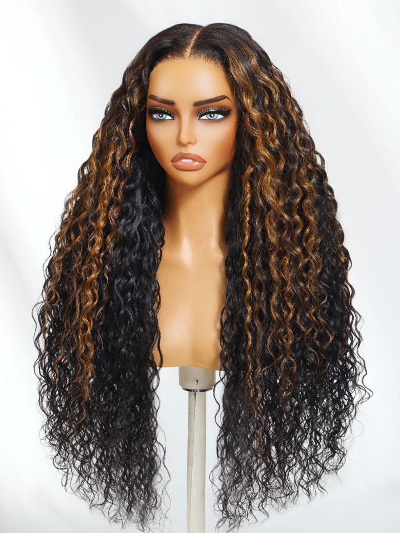 UNice Bye-Bye Knots 7x5 Lace Water Wave Black Wig With Golden Brown Highlights