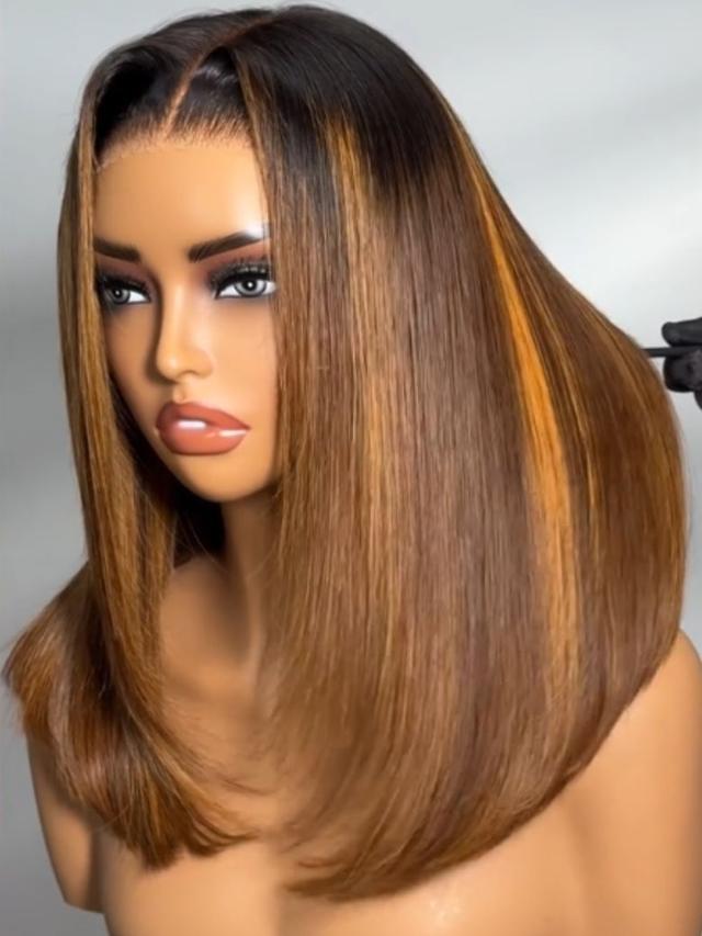 UNice Bye-Bye Knots 7x5 Lace Brown With Blonde Piano Highlights Blunt Bob Wig with Dark Roots