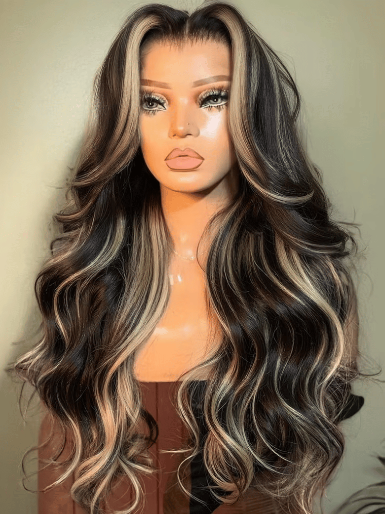 UNice 7x5 Bye-Bye Slip™ Lace Loose Wave Butterscotch Highlights Brown with Free Face Framing Bangs Wig 150% Density