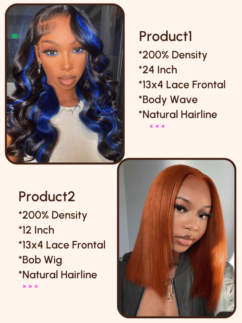 $199=2 Wigs | 200% Density 24" 13x4 Lace Frontal Wig and 200% Density 13x4 Lace Frontal Bob Wig