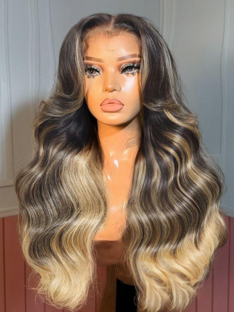 UNice Bye-Bye Knots™ 7x5 Lace Black With Blonde Highlights Loose Wave Wig With Face Framing Layers