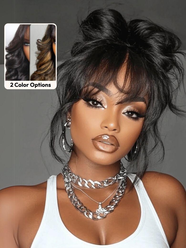 UNice 7x5 Bye-Bye Knots™ & 13x4 Pre-Everything™ Lace Frontal Pull And Go Black Fluffy Natural Loose Wave Curtain Bangs Wig with Invisi Drawstring