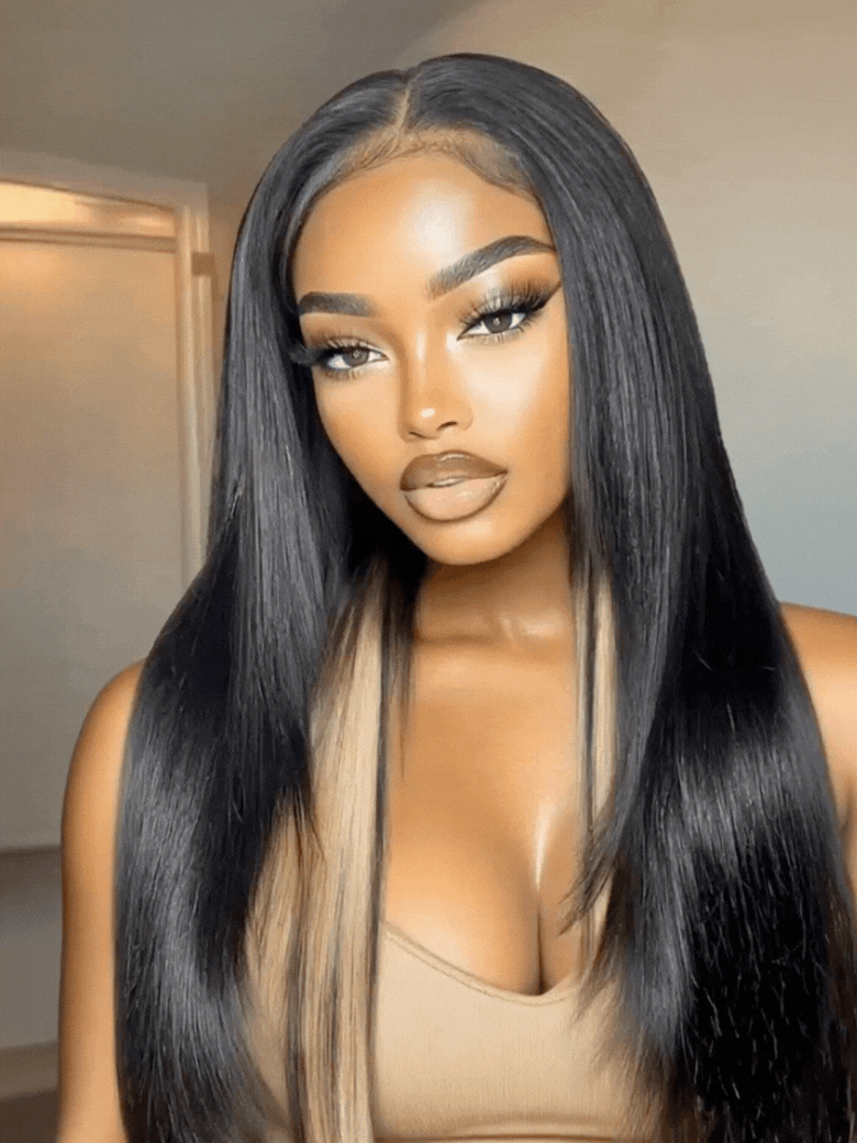 UNice Bye-Bye Knots™ 7x5 Lace Black with Blonde Peekaboo Highlights Layered Straight Wigs with Invisi Drawstring