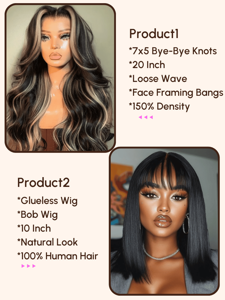 $179=2 Wigs | 20" 7x5 Bye-Bye Knots Wig and 10" Bob Wig with Bang
