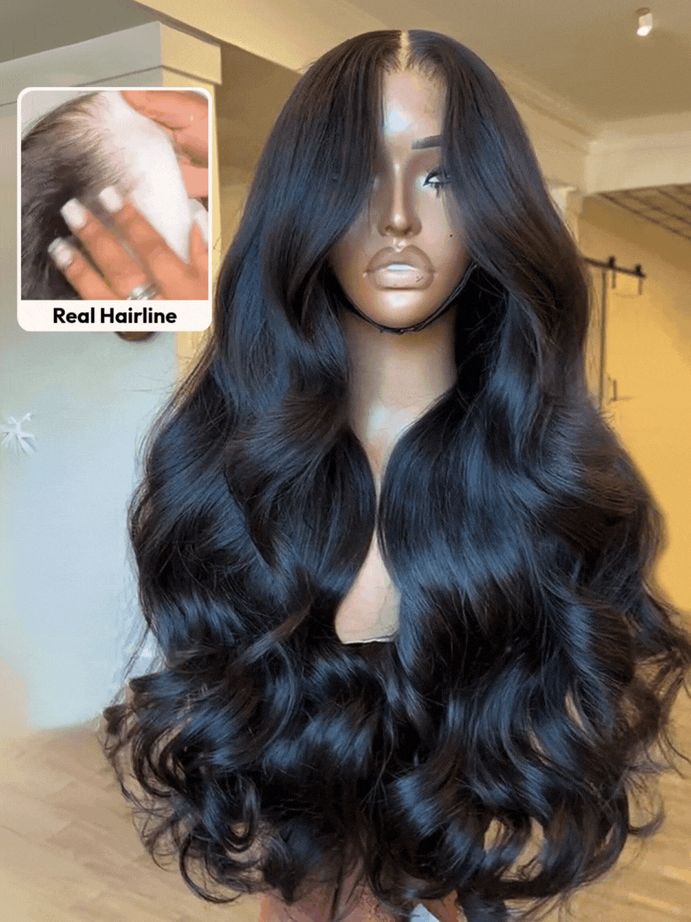 UNice HD Real Scalp™ Wig 13x4 Invisible Lace Frontal Body Wave Black Wig & Wig With Face Framing Curtain Bangs With Invisi Drawstring