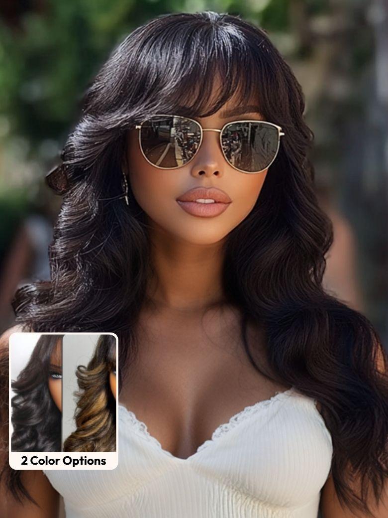 UNice 7x5 Bye-Bye Knots™ & 13x4 Pre-Everything™ Lace Frontal Pull And Go Black Fluffy Natural Loose Wave Curtain Bangs Wig with Invisi Drawstring