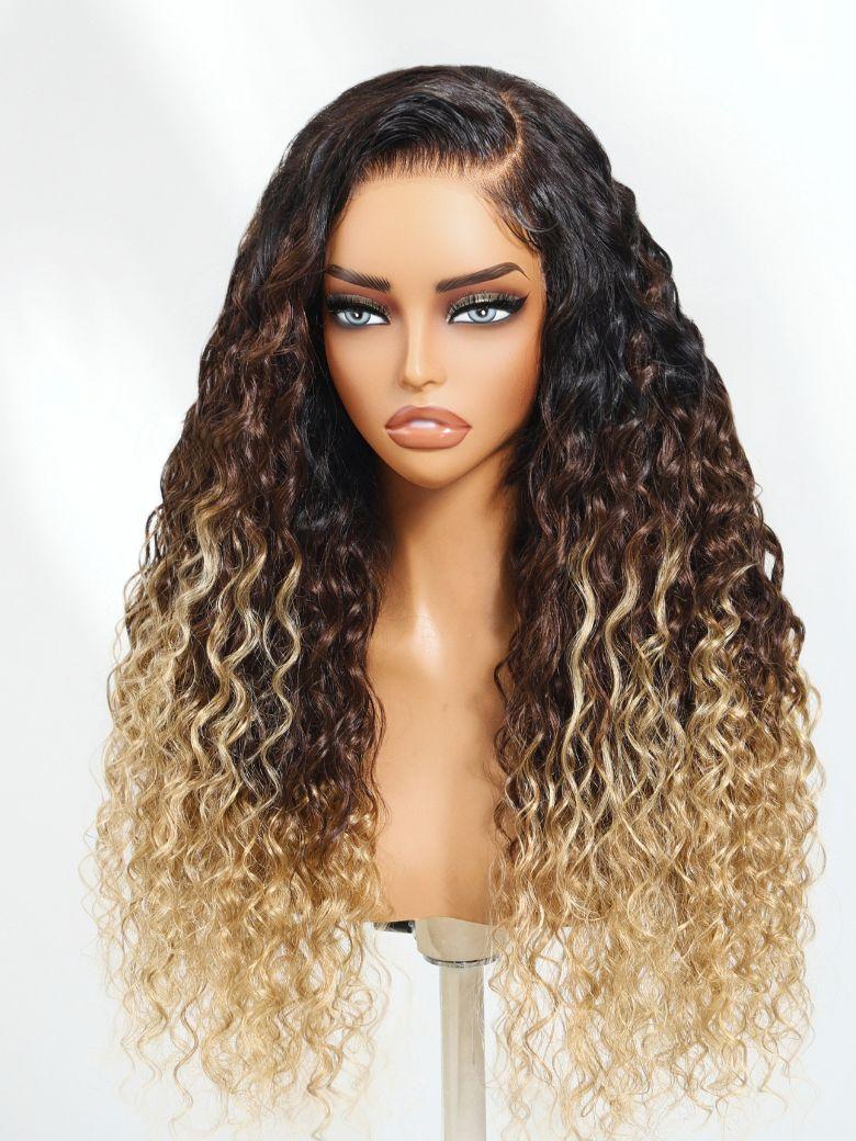 UNice Bye-Bye Knots™ 7x5 Lace Black to Brown to Blonde Ombre Water Wave Wig with Invisi Drawstring