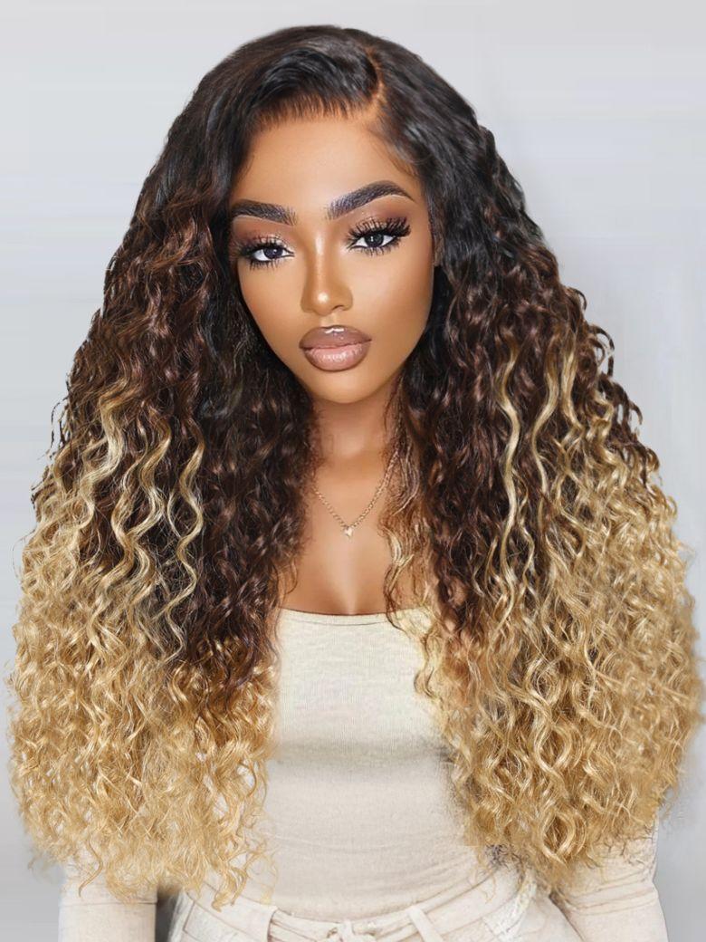 UNice Bye-Bye Knots™ 7x5 Lace Black to Brown to Blonde Ombre Water Wave Wig with Invisi Drawstring
