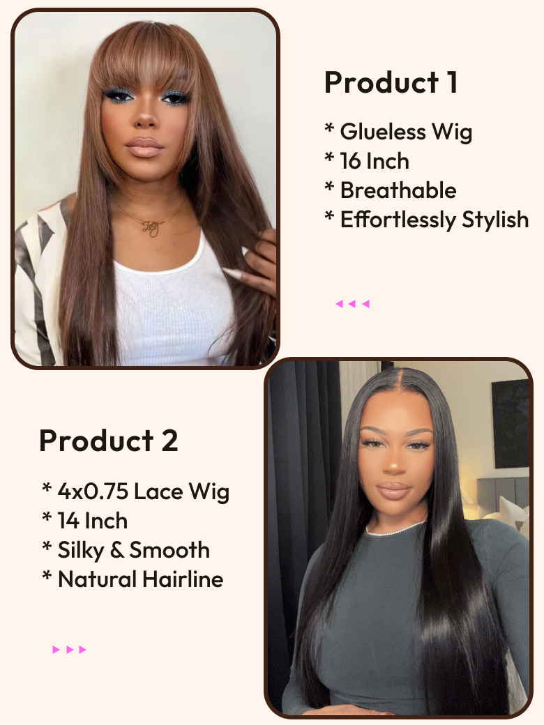 2 Wigs $99 for Glueless Wig With Bangs 16" And Silk Straight 14" Lace Wigs