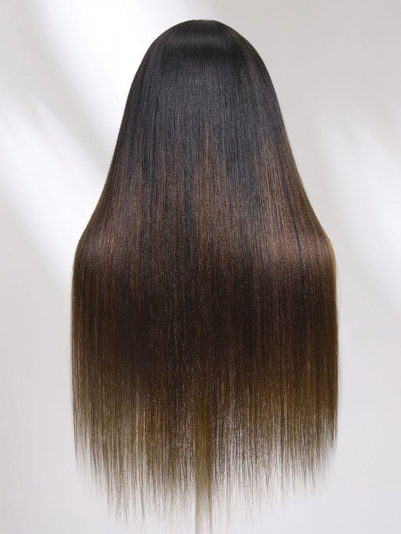 [From 20"]Low Maintenance Put On And Go Yaki Straight Headband Black To Chestnut Brown Ombre Human Hair Glueless Wig