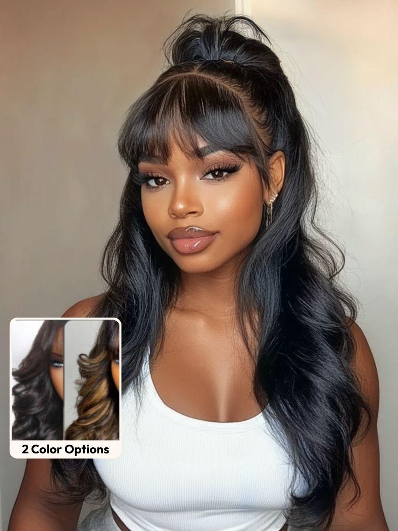 UNice 7x5 Bye-Bye Knots™ & 13x4 Pre-Everything™ Lace Frontal Pull And Go Black Fluffy Natural Loose Wave Curtain Bangs Wig with Free Ear Tape
