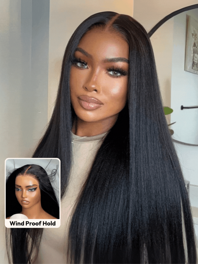 UNice Bye-Bye Slip™ Wig Black Yaki Straight Flexible Mesh Cap Wig with Secure Silicone Strips and Drawstring