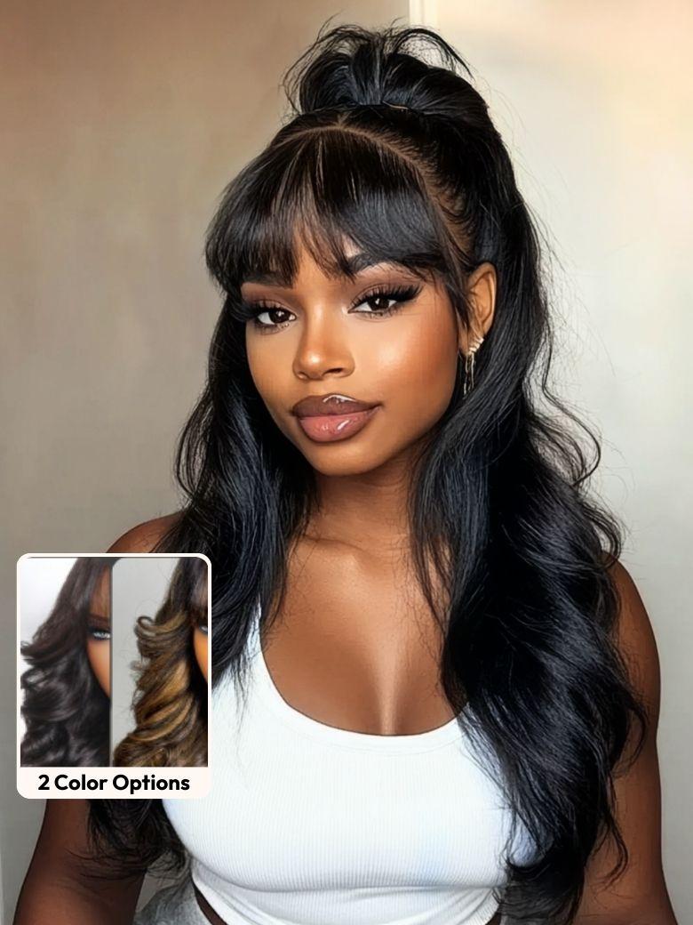 UNice 7x5 Bye-Bye Knots™ & 13x4 Pre-Everything™ Lace Frontal Pull And Go Black Fluffy Natural Loose Wave Curtain Bangs Wig with Invisi Drawstring